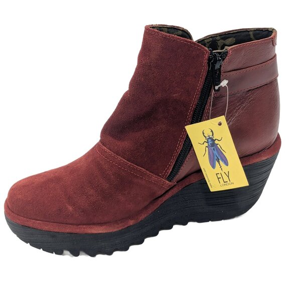 FLY London Suede Ankle Boot Yuro Red - Medium Size EU 38 US 7 to 7.5 Wedge New - Picture 3 of 8